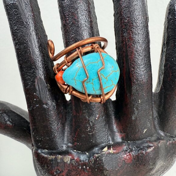 Jewelry - Handmade Copper Wire Wrapped Dyed Howlite Faux Turquoise Ring Bypass Size 7